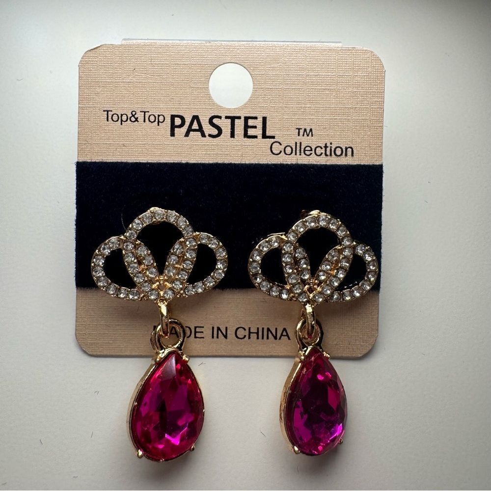 3For$20 T&T Pastel -Elegant Dazzling Rhinestone Crown& Pink Gem Drop Earrings